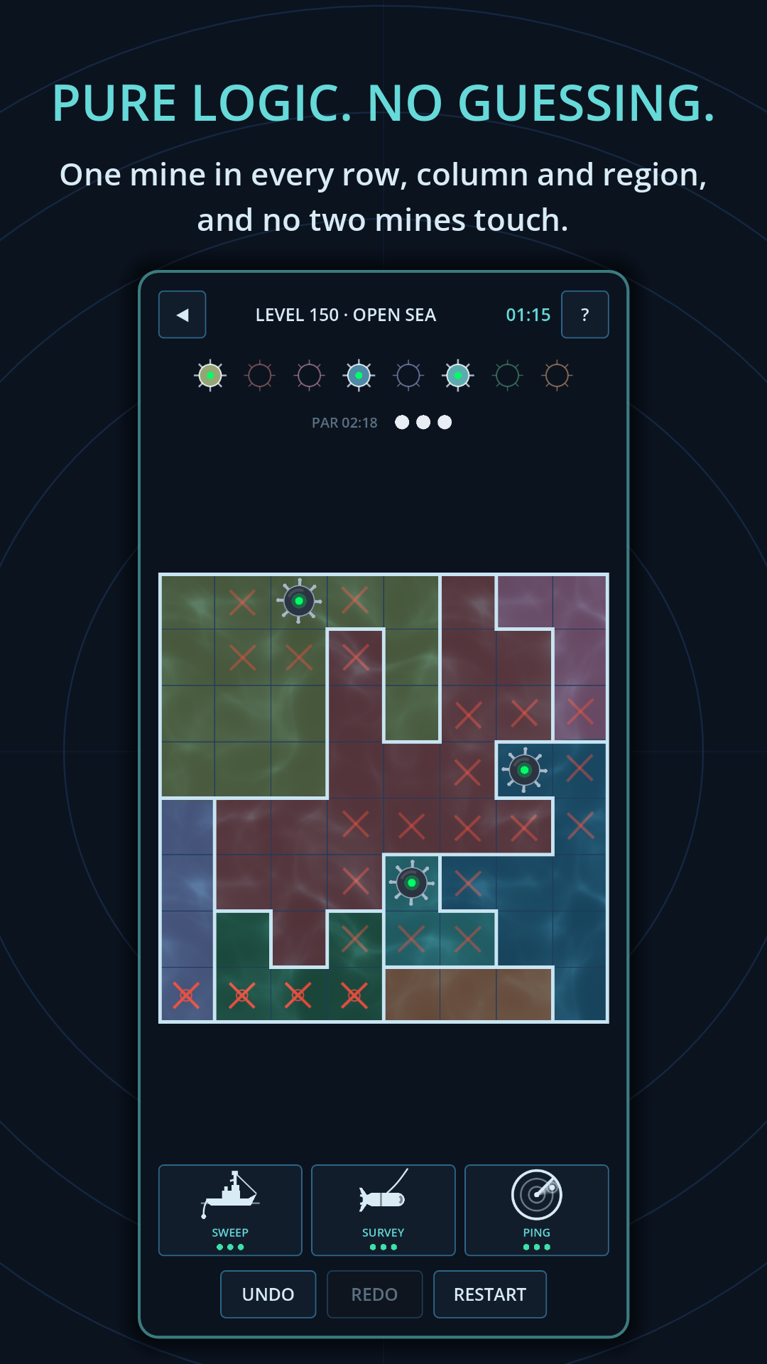 Pure logic, no guessing: an 8×8 board mid-solve, with mines placed and cells ruled out