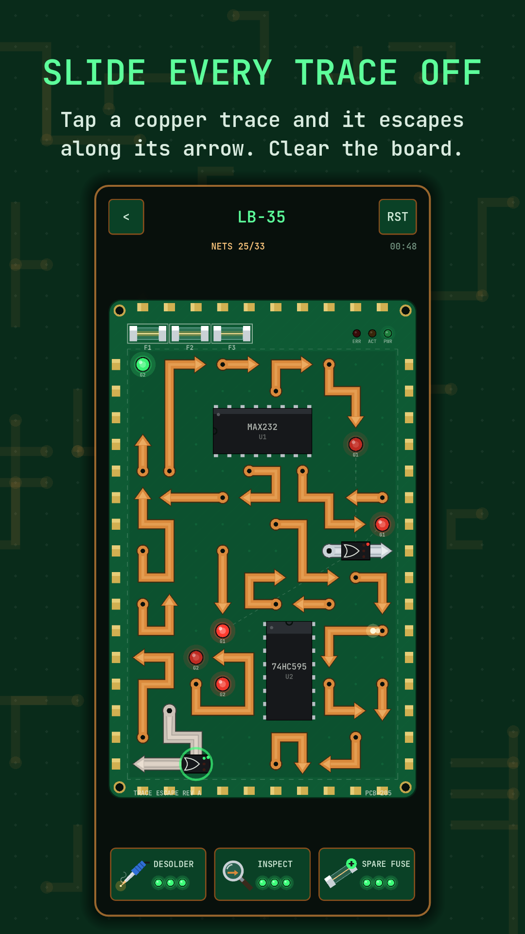 Slide every trace off: a Logic Board board mid-solve, a trace escaping along its arrow